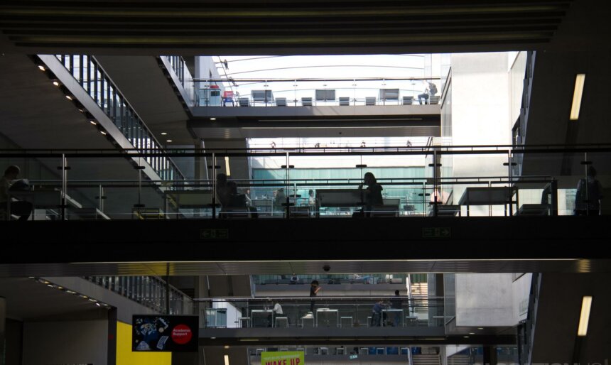 office lobby walkway filming